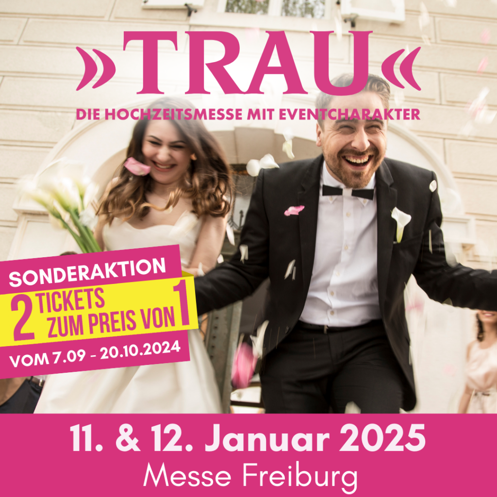 Sonderaktion vom 7. September 2024 bis zum 20. Oktober 2024: Zwei Tickets zum Preis von einem für die Hochzeitsmesse 'Trau'. Verpassen Sie nicht diese Gelegenheit, Ihre Hochzeitsvorbereitungen zu beginnen oder zu vervollständigen! Besuchen Sie die Messe mit Ihrer Begleitung und lassen Sie sich inspirieren