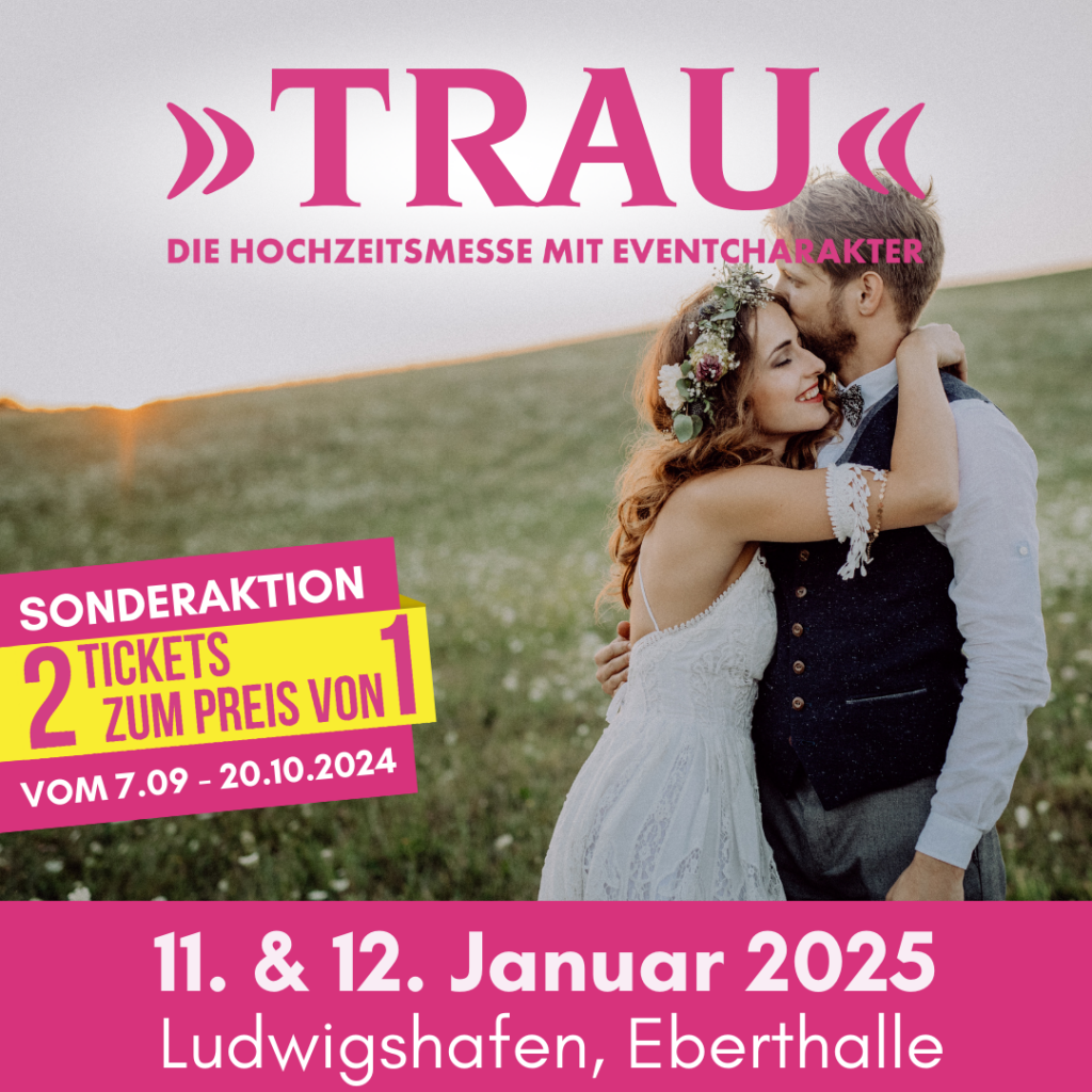 Sonderaktion vom 7. September 2024 bis zum 20. Oktober 2024: Zwei Tickets zum Preis von einem für die Hochzeitsmesse 'Trau'. Verpassen Sie nicht diese Gelegenheit, Ihre Hochzeitsvorbereitungen zu beginnen oder zu vervollständigen! Besuchen Sie die Messe mit Ihrer Begleitung und lassen Sie sich inspirieren