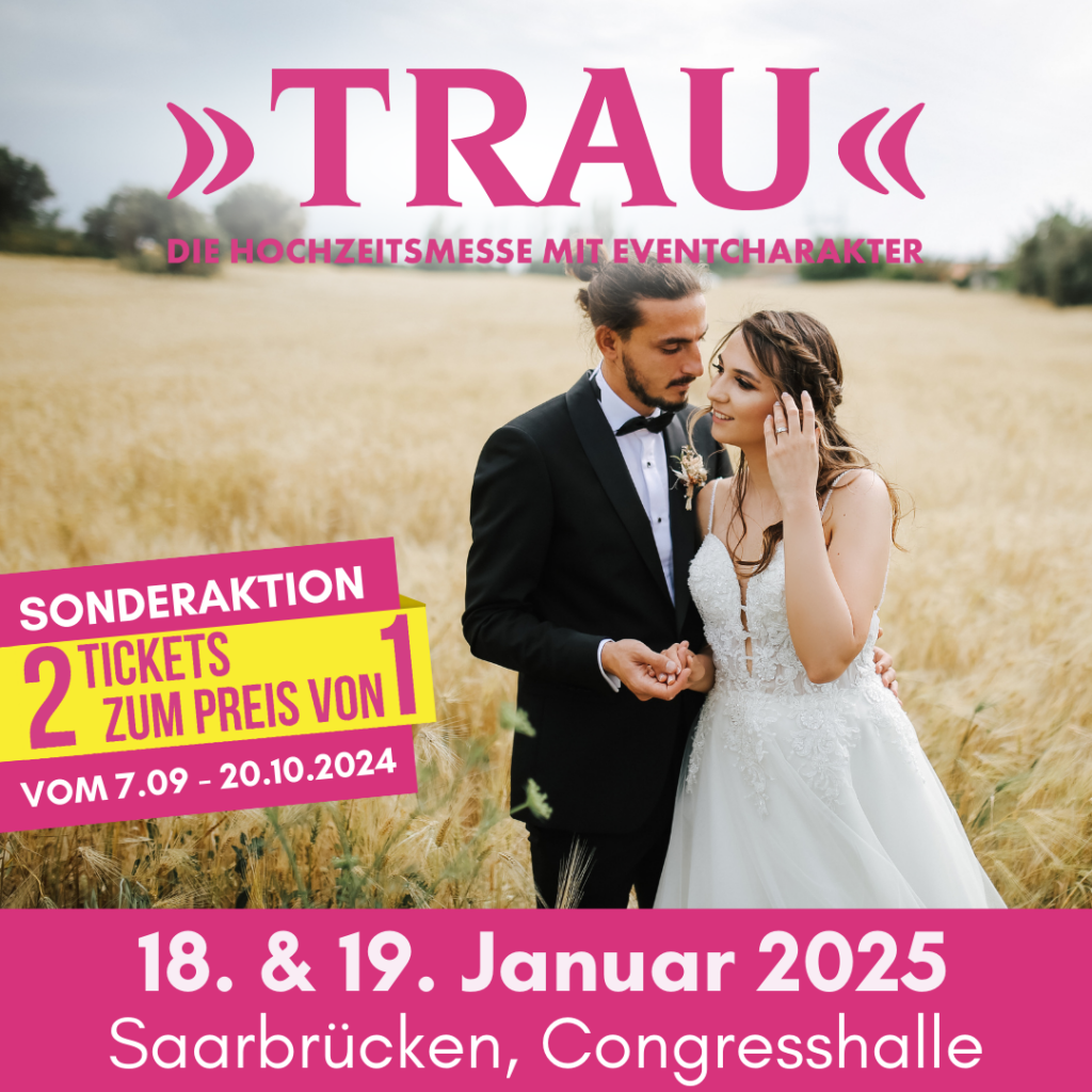 Sonderaktion vom 7. September 2024 bis zum 20. Oktober 2024: Zwei Tickets zum Preis von einem für die Hochzeitsmesse 'Trau'. Verpassen Sie nicht diese Gelegenheit, Ihre Hochzeitsvorbereitungen zu beginnen oder zu vervollständigen! Besuchen Sie die Messe mit Ihrer Begleitung und lassen Sie sich inspirieren